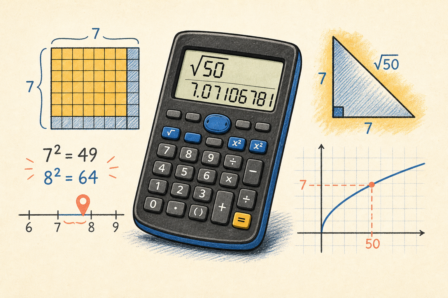 Editorial math illustration for Practice Problems - Using a Calculator for Square Roots
