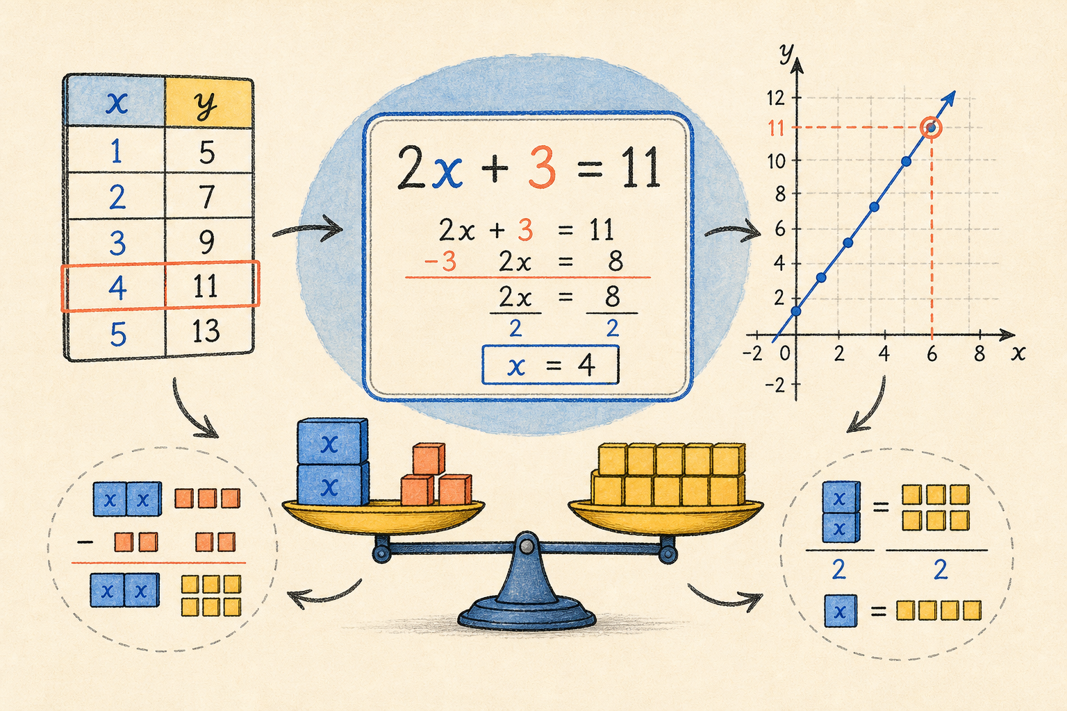 Editorial math illustration for Equations, Tables, and Solving for x or y