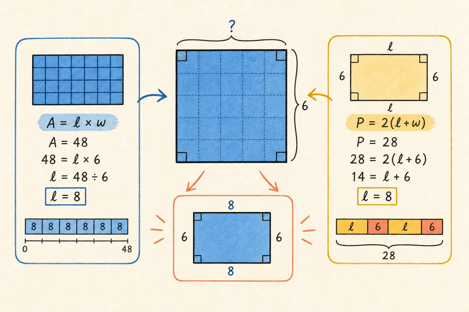 Editorial math illustration for Rectangles and Squares - Missing Information with Area and Perimeter