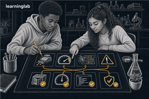 Dark-mode line-art illustration for LAB - Error Lab Challenge