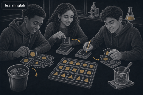 Dark-mode line-art illustration of students completing the LAB - Data Cleaning