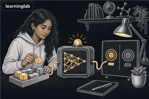 Dark-mode line-art illustration for LAB - Predictive Model