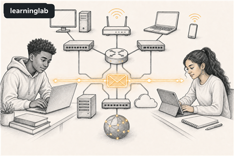 Line-art illustration for Exploring Computer Networks and Communication