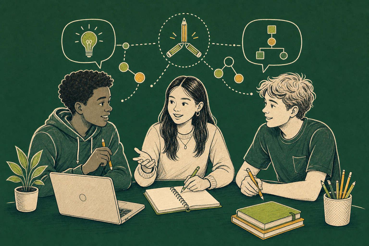 Green-background line-art illustration of students collaborating around a laptop and shared notebook