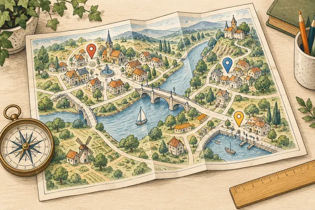 Hand-drawn town map with a river bridge, connected streets, location pins, compass, and ruler