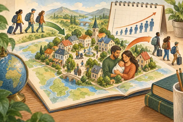 Ink-and-watercolor illustration of a growing town, families, migration arrows, and a population curve