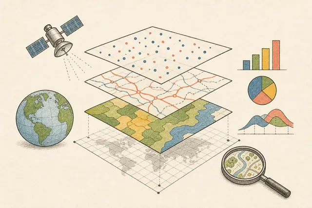 Line-art illustration of geographic data shown as layered GIS maps, a satellite, and charts