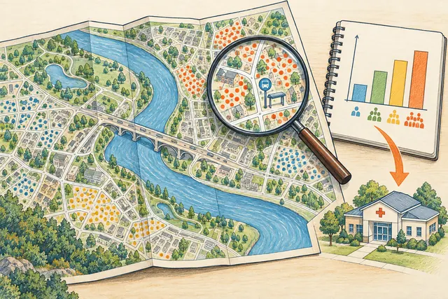 Illustrated city map, population data, and a community clinic showing how geographic information guides decisions