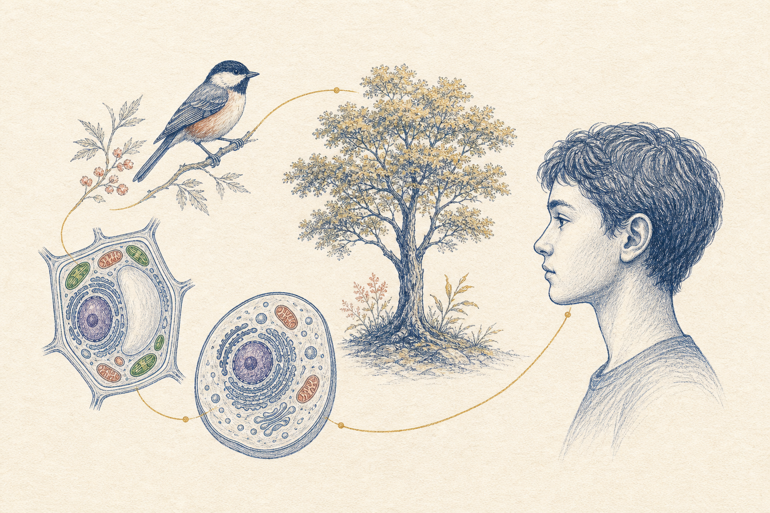 Editorial line-art overview of cells, organisms, and living systems