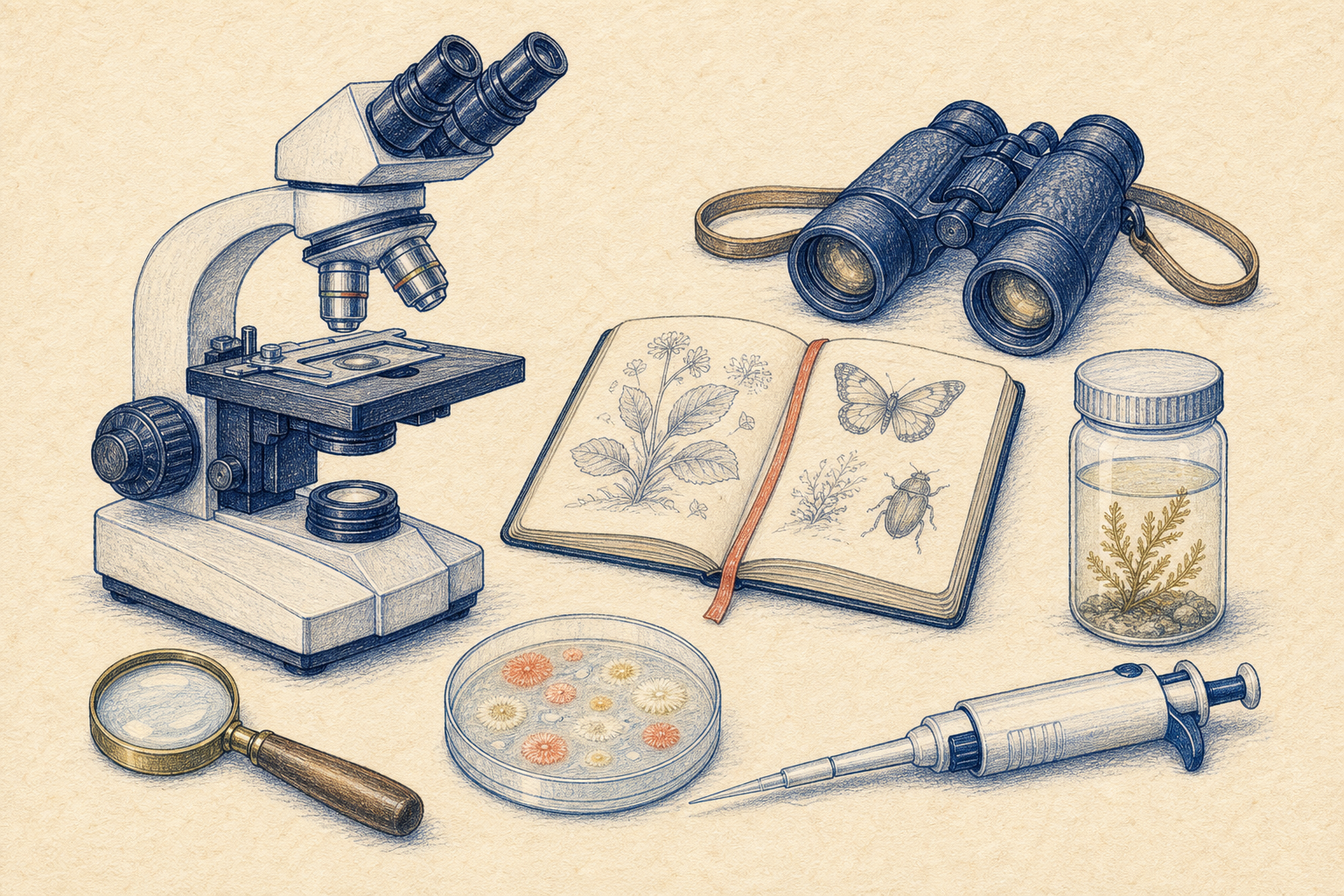 Editorial line art of field and laboratory tools used by biologists