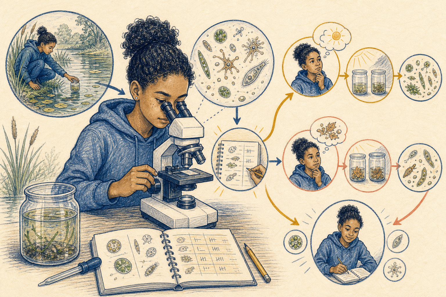 Editorial line art of biological observation, hypotheses, and testing