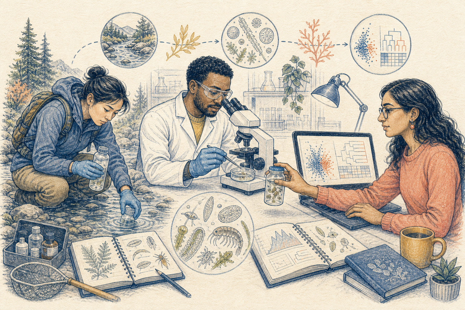 Editorial line art of scientists collaborating across field, lab, and data work
