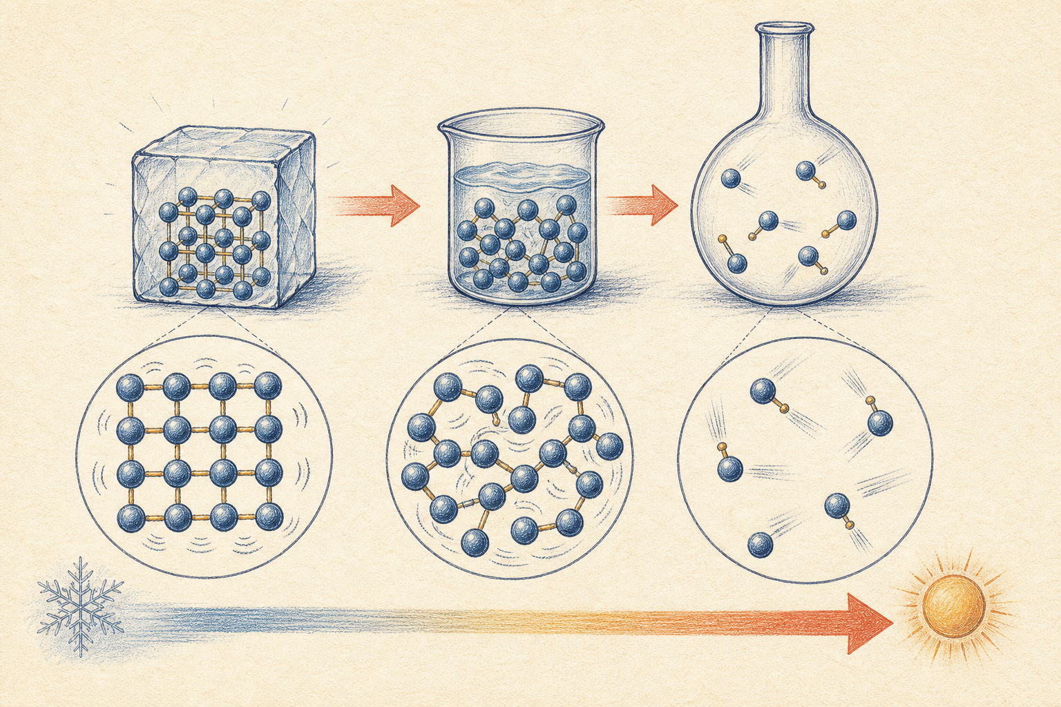 Editorial line art of particle arrangements in solids, liquids, and gases